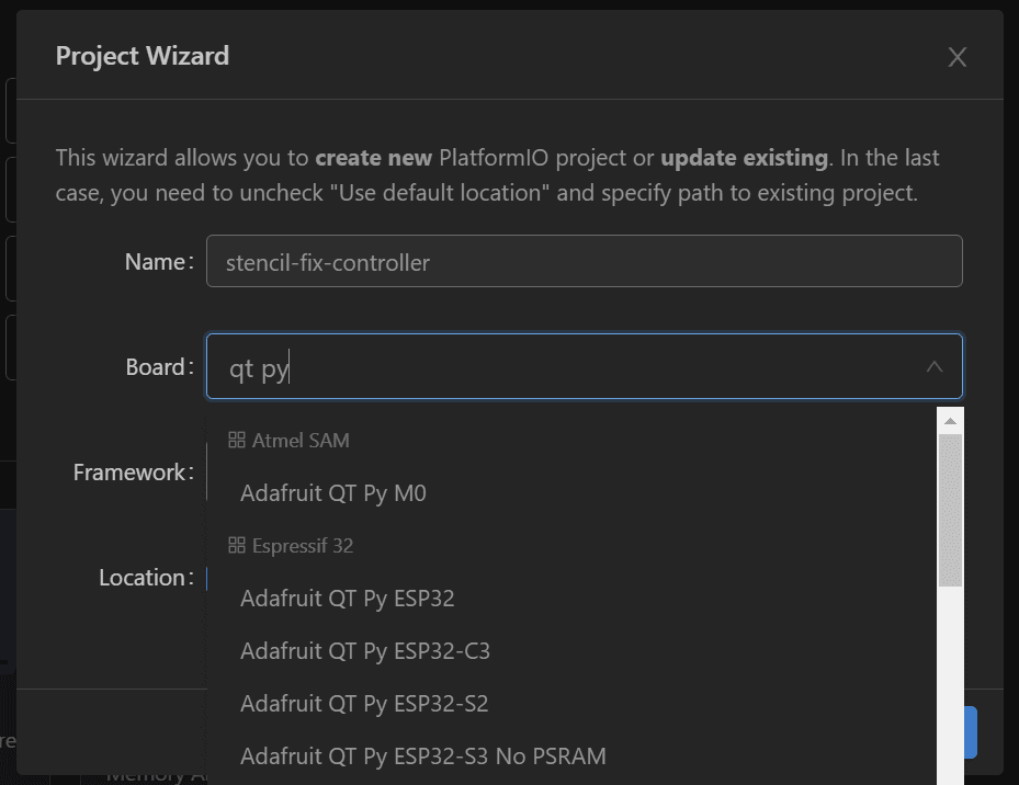 View of the project creation dialog of the PlatformIO extension in Visual Studio Code. The search query is "qt py" and the results only show non Pico related qt pys.