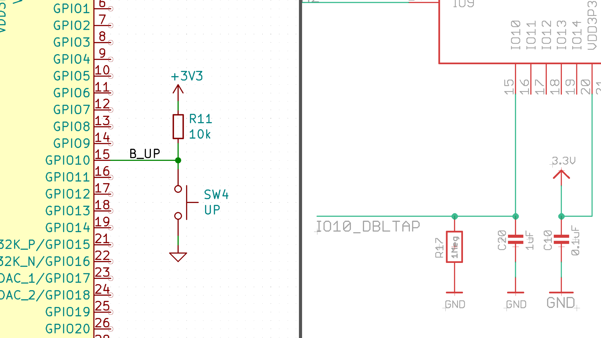On the left: schematic of my board showing the GPIO10 pin connected to a button that is pulled up to 3V3, so normally high. On the right: schematic of the QT Py S2 board with an RC circuit connected to GPIO10